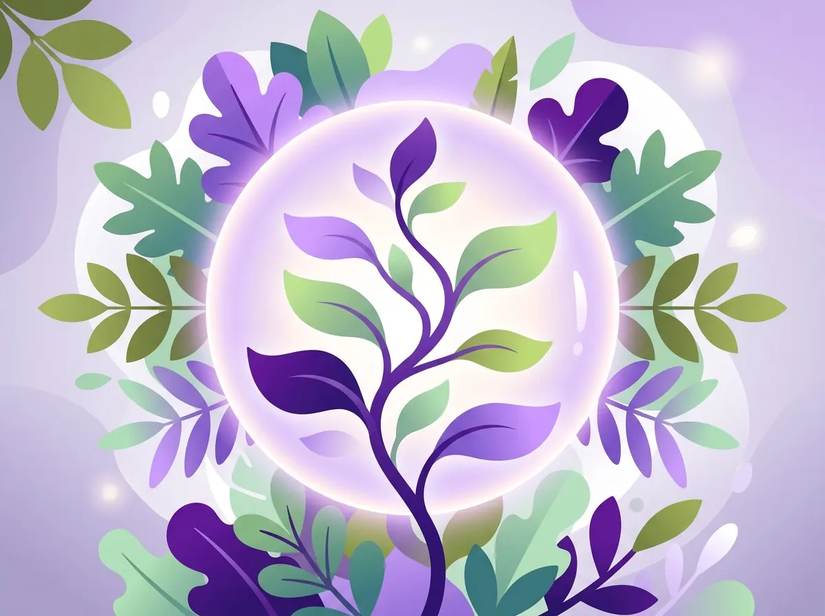 Botanische groeïllustratie - paarse en groene tinten, geen menselijk lichaam