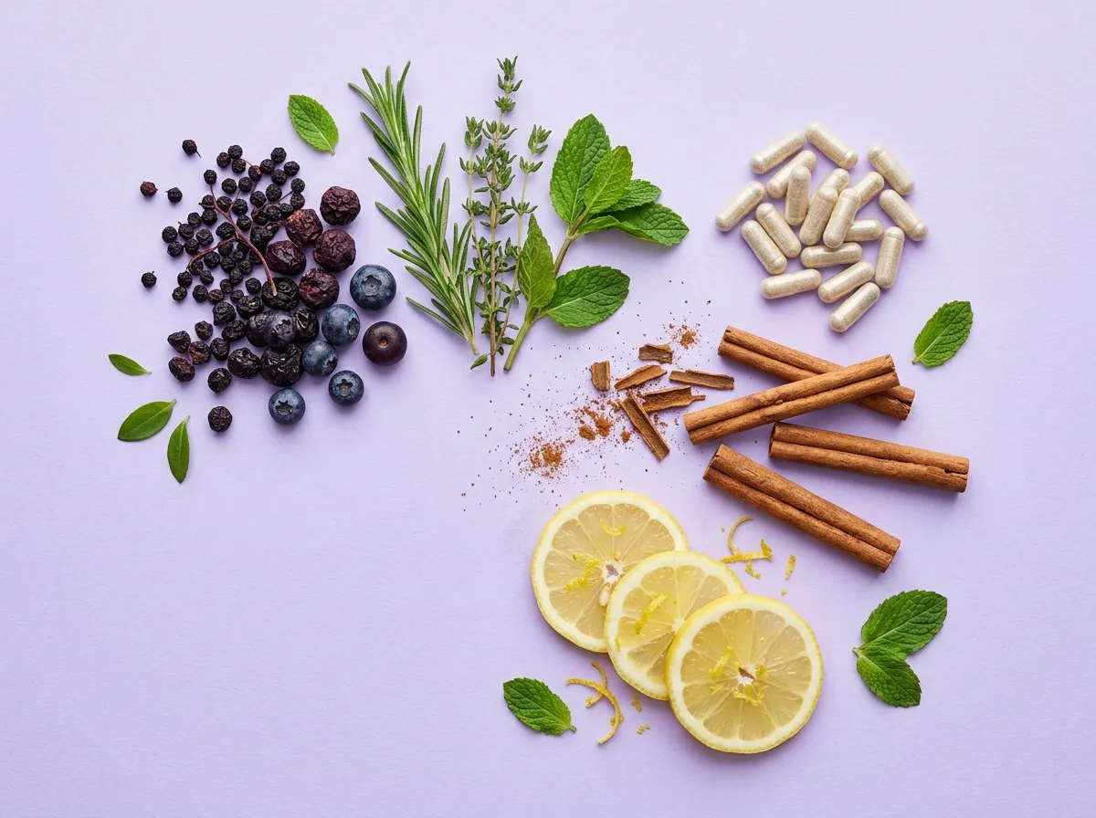 Voedingssupplement ingrediënten flat lay - bessen, kruiden, vitamines op lichtpaarse achtergrond