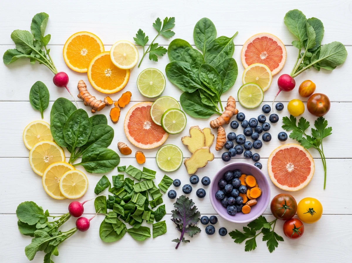 Overhead flat lay groenten en fruit voor actieve leefstijl - citrus, spinazie, kurkuma, bosbessen